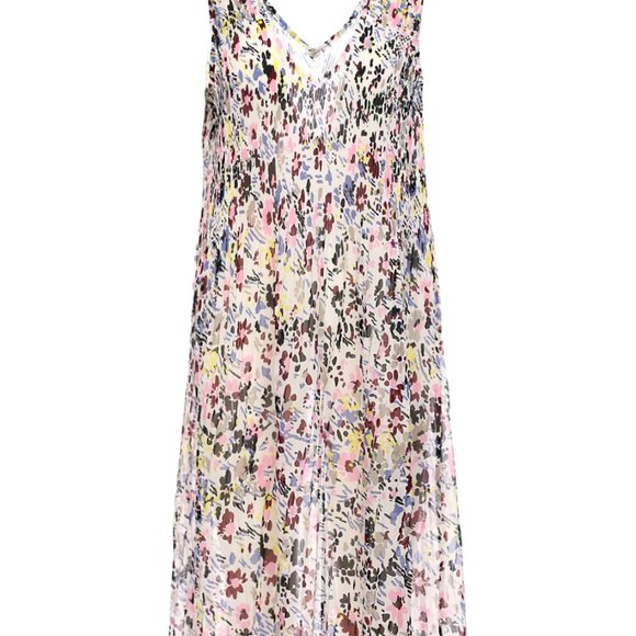 Ganni Pleated Georgette F3403 Multicolor Egret Floral Sleeveless V-neck Dress - Picture 3 of 12